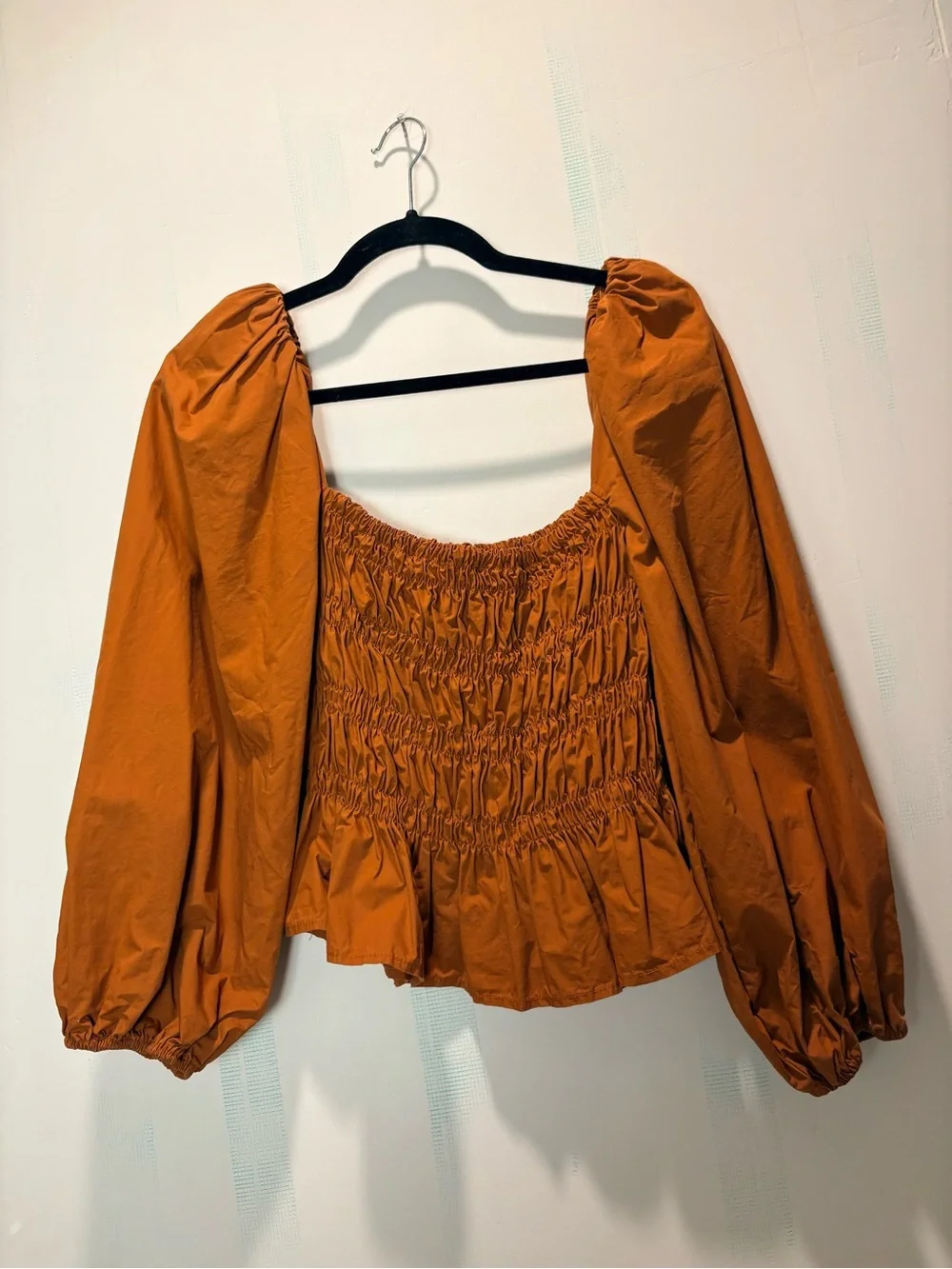Astr The Label Rust Smocked Square-Neck Puff Bubble  Sleeve Top Size S Cottage